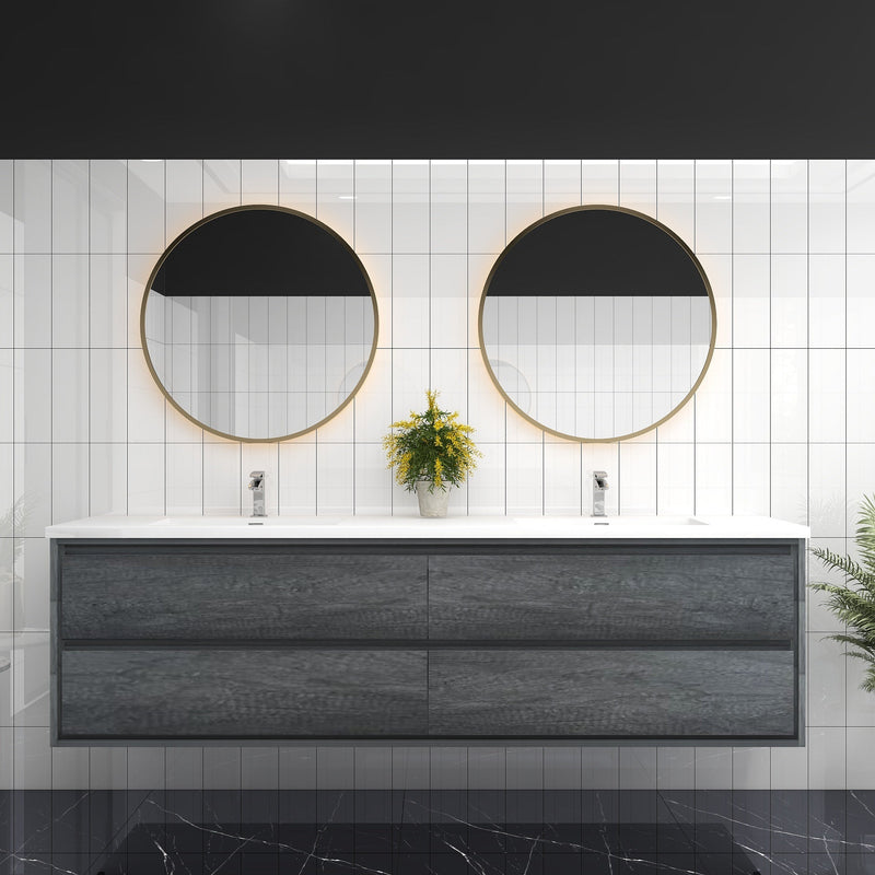 Saggia 84" Wall-Mounted Floating Bathroom Vanity with Reinforced Acrylic Double Sink in Smoke Oak | Better Vanity Modern Luxury Bathroom Vanities