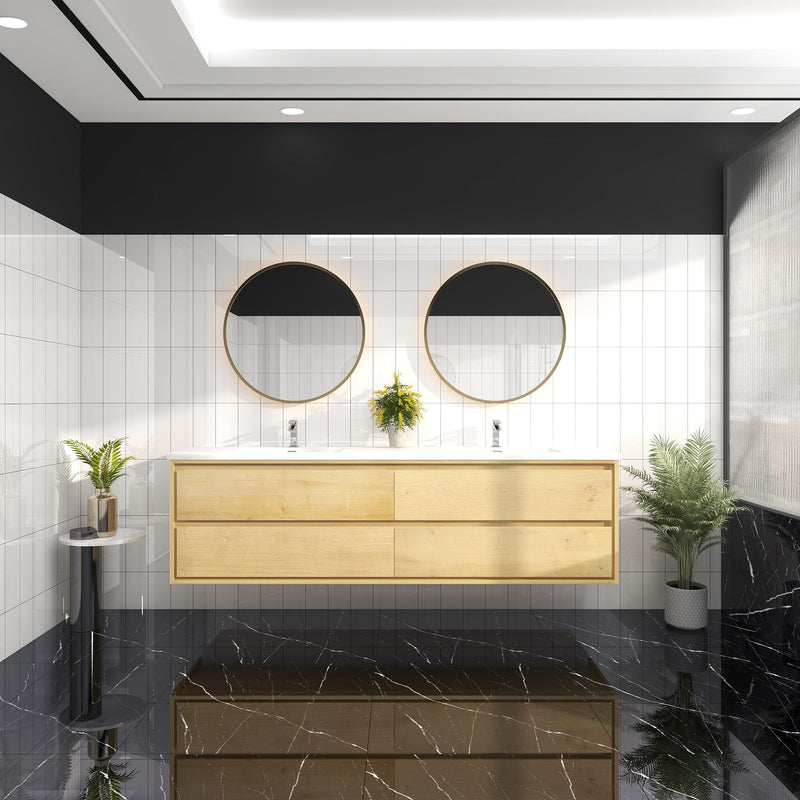 Saggia 84" Wall-Mounted Floating Bathroom Vanity with Reinforced Acrylic Double Sink in Light Oak | Better Vanity Modern Luxury Bathroom Vanities