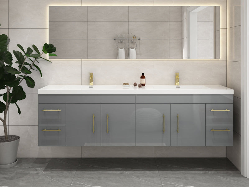 Elsa 72" Wall Mounted Floating Vanity in Glossy Gray with Double Sink