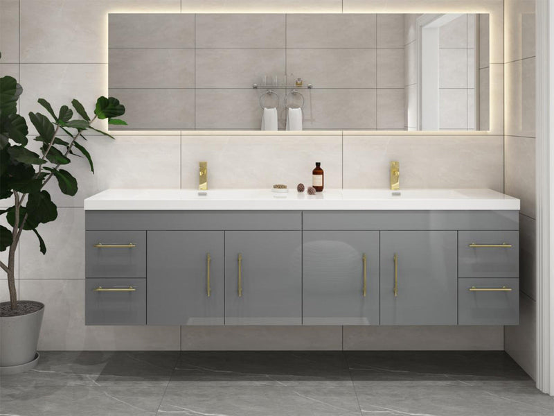 Elsa 84" Wall Mounted Floating Vanity in Glossy Gray with Double Sink