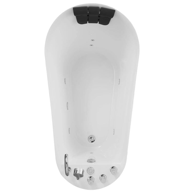 White hydrotherapy bathtub with multiple control buttons and jets, sleek curved design with black accent at top.