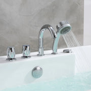 Chrome bath faucet and handheld shower head with water flowing, mounted on a white tub against a gray marble wall.