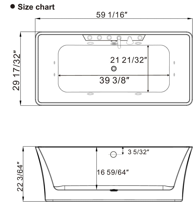 Empava 59" Freestanding Whirlpool Rectangle Tub with Center Drain | EMPV-59AIS15