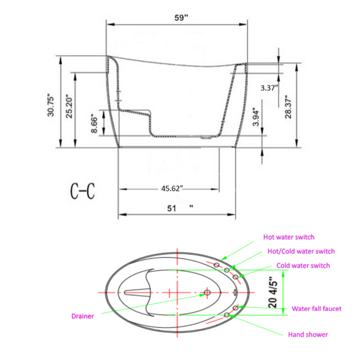 Empava 59" Freestanding Japanese Soaking Tub with Reversible Drain | EMPV-59FT002