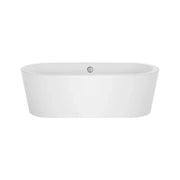 White modern freestanding bathtub with rounded edges and a small circular overflow drain