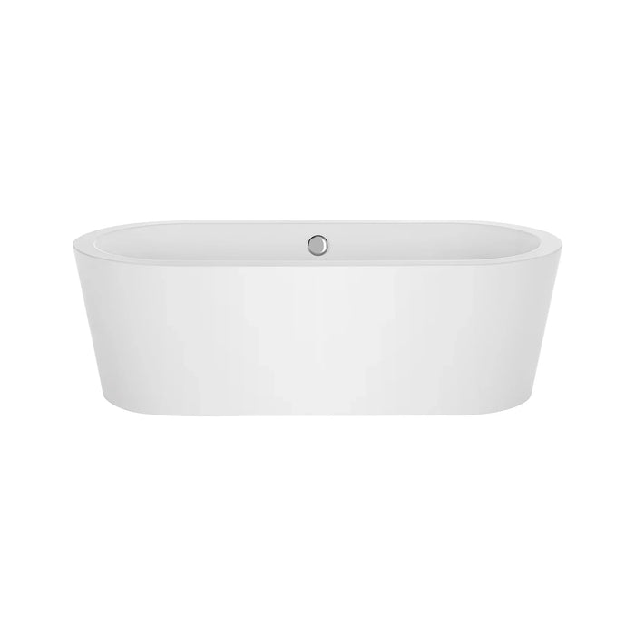 White modern freestanding bathtub with rounded edges and a small circular overflow drain