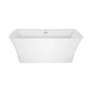 Sleek white freestanding rectangular bathtub with modern, curved edges and a small integrated overflow drain.