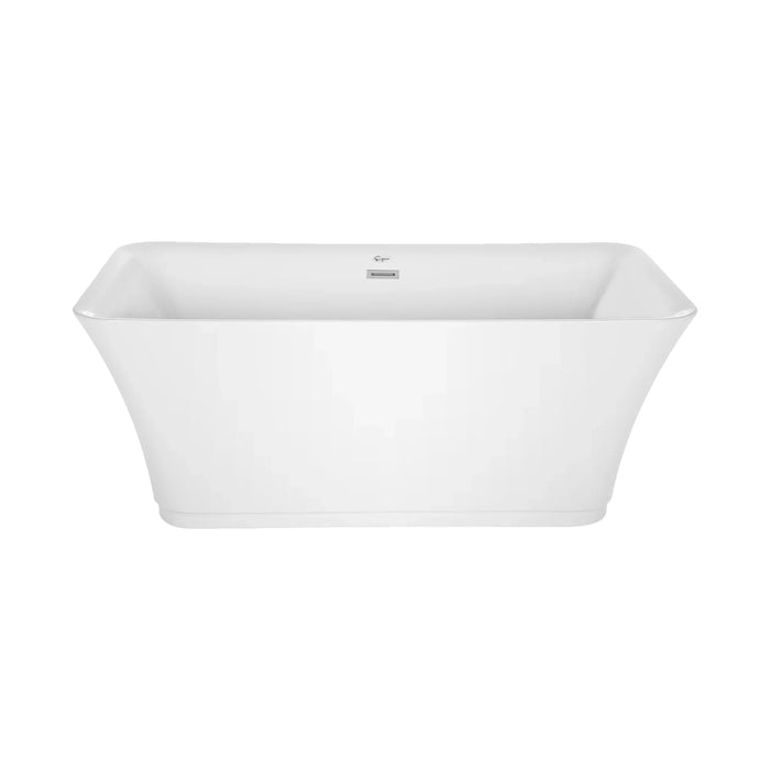 Sleek white freestanding rectangular bathtub with modern, curved edges and a small integrated overflow drain.