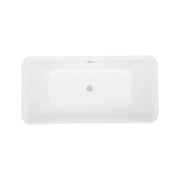 Rectangular white bathroom sink with smooth surfaces and central drain, viewed from above