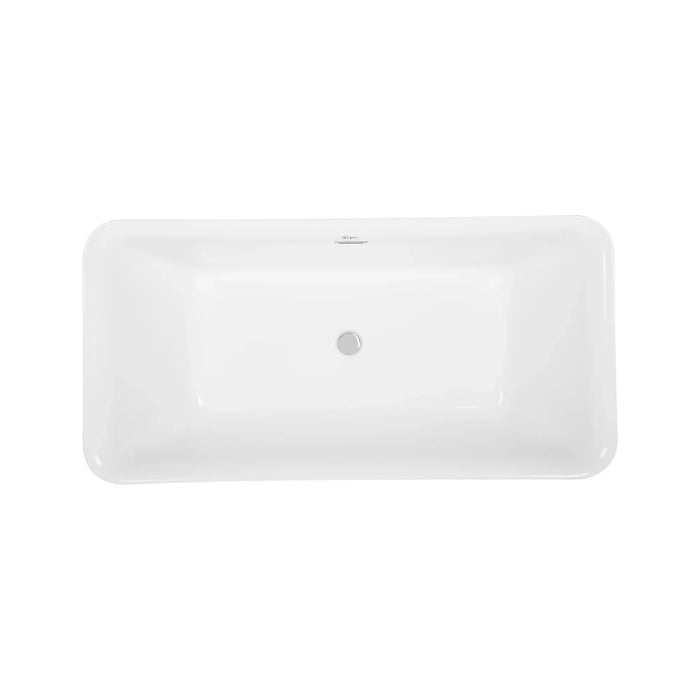Rectangular white bathroom sink with smooth surfaces and central drain, viewed from above
