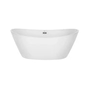 Modern white freestanding oval bathtub with sleek design and small gray accent near top rim.