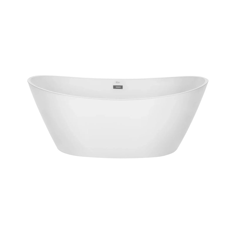 Modern white freestanding oval bathtub with sleek design and small gray accent near top rim.