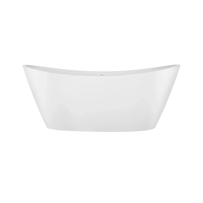 Modern white freestanding bathtub with curved sides and a sleek, minimalist design.