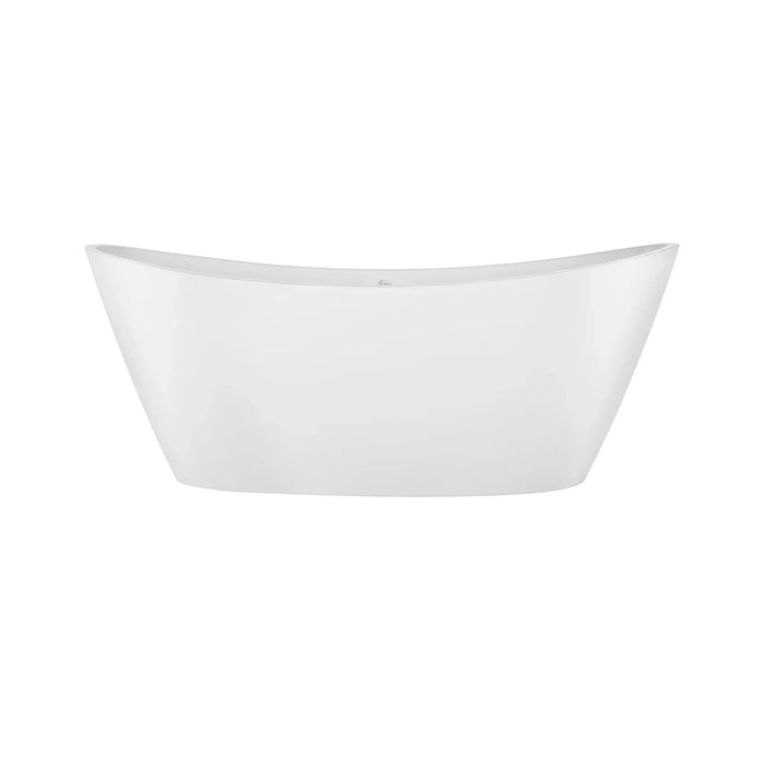 Modern white freestanding bathtub with curved edges, sleek minimalist design against a neutral background.