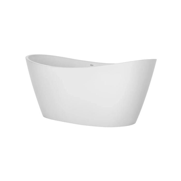 Sleek white freestanding bathtub with curved design, isolated on a white background.