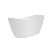 Modern white freestanding bathtub with curved design and sleek minimalist aesthetic