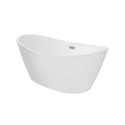 Modern white freestanding bathtub with sleek curved design and small rectangular accent detail.