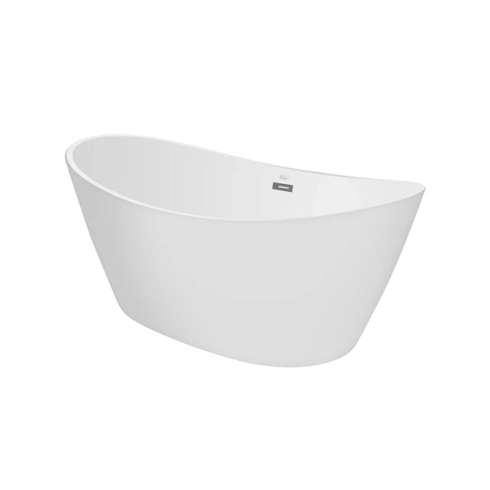 Modern white freestanding bathtub with sleek, curved design and small rectangular accent near top rim.