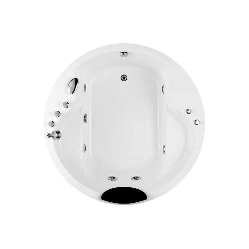 White circular jacuzzi or hot tub with multiple water jets and a black drain at bottom center.