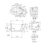 Technical bathtub design blueprint with multiple dimensional views, cross-sections, and precise measurement annotations in inches.