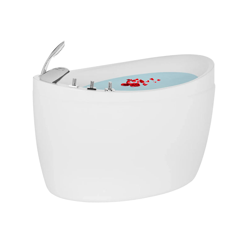 White modern bathtub with sleek chrome faucet and red rose petals floating on blue water surface.