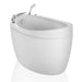 White toilet tank with curved design and chrome flush lever and water valve attachments.