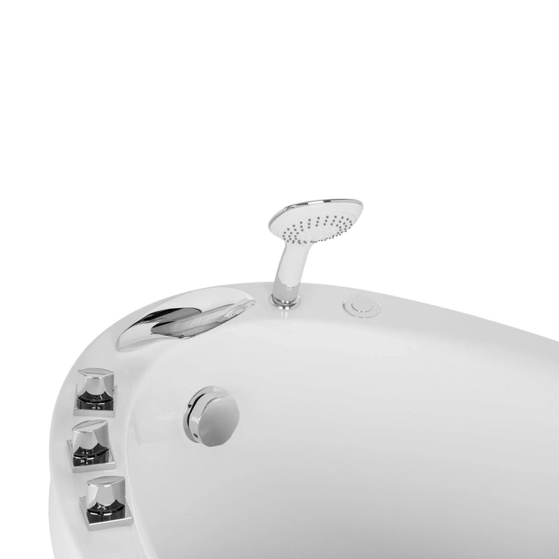 White bathtub with chrome shower head, three control knobs, and curved, minimalist design against neutral background.