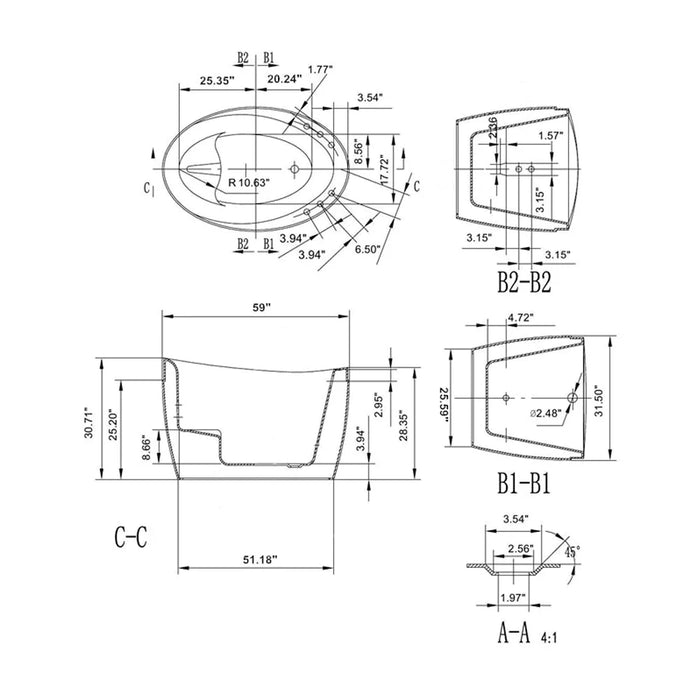 Technical bathtub design blueprint with multiple dimensional views, cross-sections, and precise measurement annotations in inches.