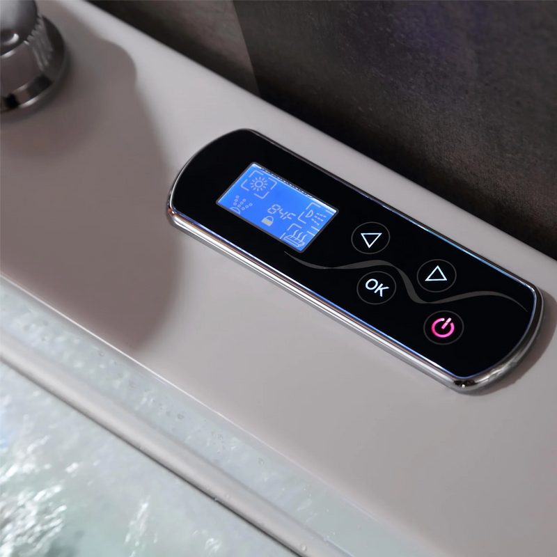 Digital control panel with blue LCD screen, navigation buttons, and power button on a sleek black device.