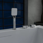 Modern square showerhead and chrome knobs on a white bathroom surface, with blue-toned grid background.