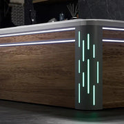 Modern wooden counter with glowing teal vertical LED light strips on dark gray side panel