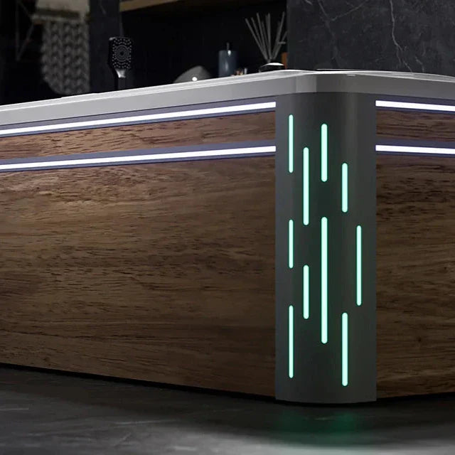 Modern wooden counter with glowing teal vertical LED light strips on dark gray side panel
