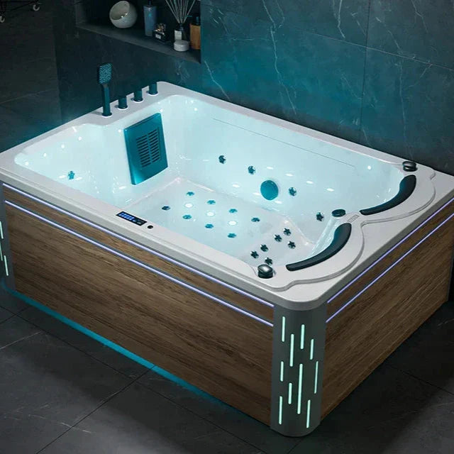 Modern spa-like hot tub with blue LED lighting, multiple jets, and wooden paneled exterior against teal bathroom tiles.