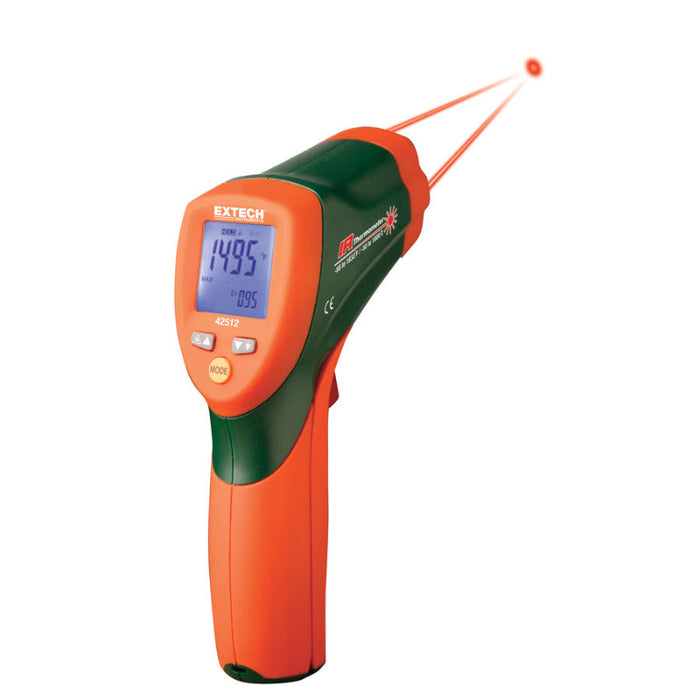 EXTECH 42512 NIST Dual Laser Infrared Thermometer close up LCD temperature 119.5F.
