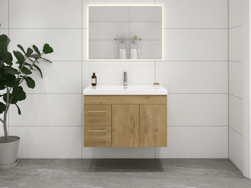 Elsa 36" Wall Mounted Floating Bathroom Vanity with Reinforced Acrylic Sink in Oak | Better Vanity