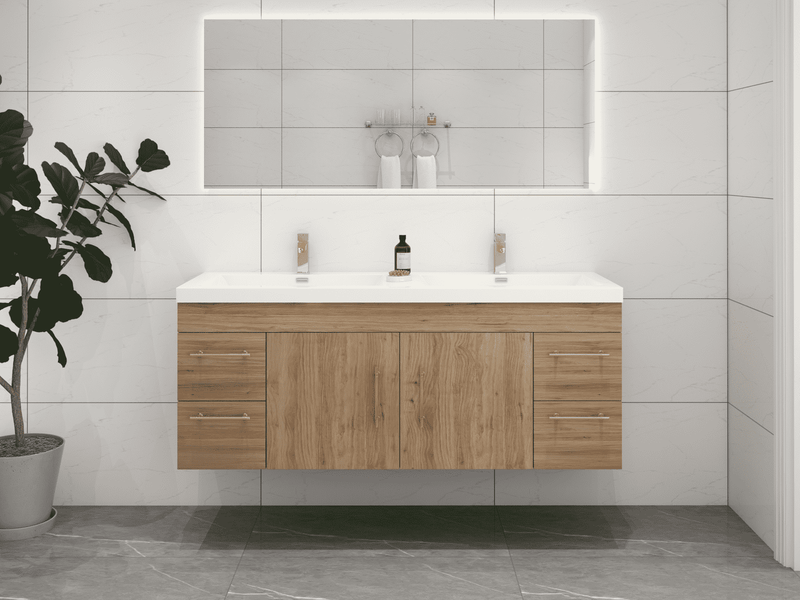 Elsa 60" Wall-Mounted Floating Bathroom Vanity with Double Reinforced Acrylic Sink in Natural Oak | Better Vanity