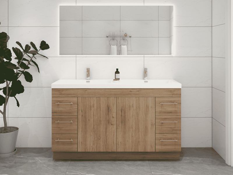 Elsa 60" Freestanding Bathroom Vanity with Reinforced Acrylic Double Sink in Natural Oak | Better Vanity