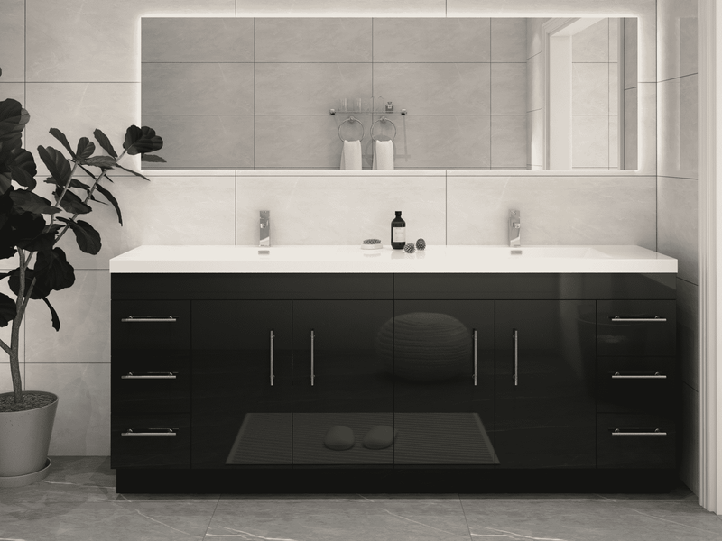 Elsa 84" Freestanding Bathroom Vanity with Reinforced Acrylic Double Sink in Gloss Black | Better Vanity