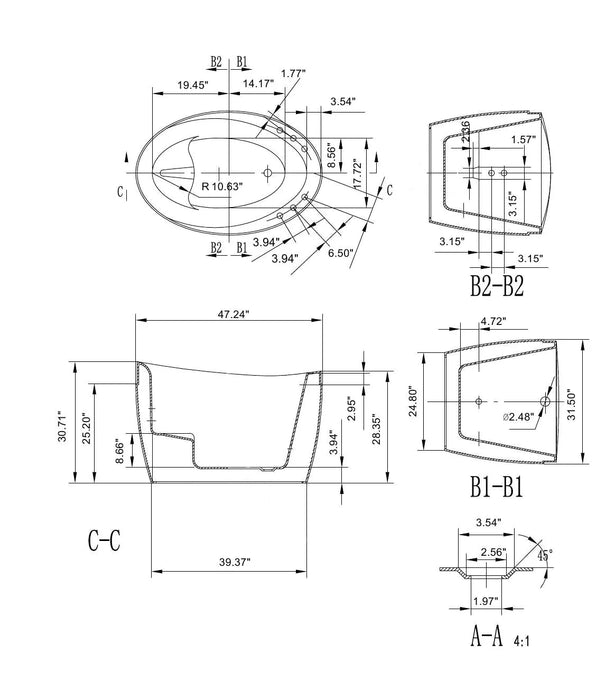 Technical drawing of a bathtub with multiple cross-sectional views, detailing precise measurements and curved design from different angles.