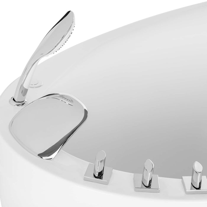 Sleek, modern bathroom faucet with curved metallic handles and a large showerhead in a minimalist white setting.