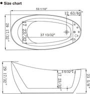 Bathtub technical size chart with top-down and side view technical drawings showing precise measurements in inches.
