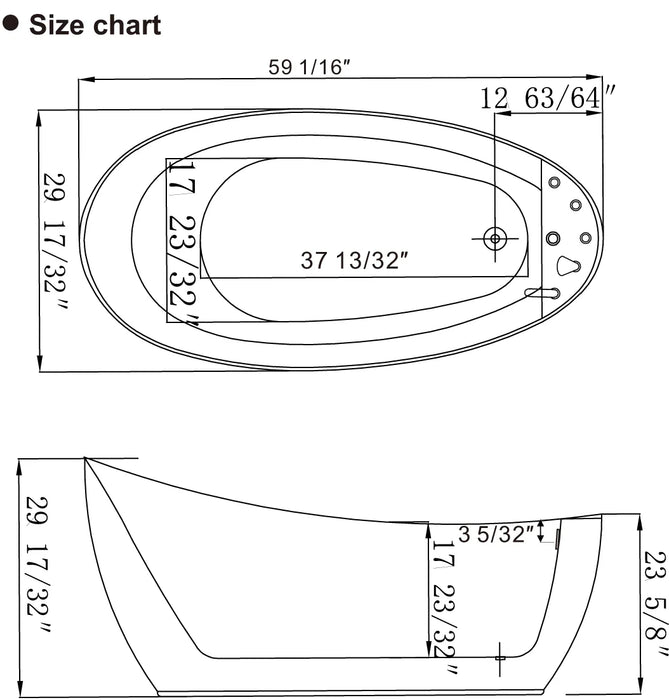 Bathtub technical size chart with top-down and side view technical drawings showing precise measurements in inches.