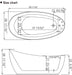Bathtub technical size chart with top-down and side view technical drawings showing precise measurements in inches.