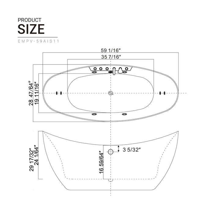 Empava 59" Freestanding Whirlpool Bathtub with Center Drain | EMPV-59AIS11