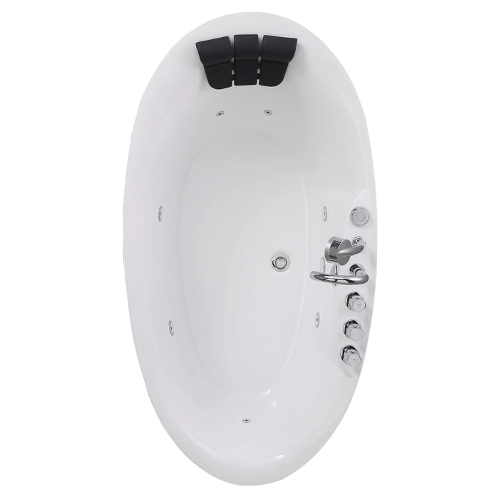 White oval bathtub with chrome fixtures and black control panel at top edge, featuring multiple water jets and sleek modern design.