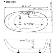 Technical bathtub size chart with top-down and side-view diagrams showing precise measurements in inches and fractions.