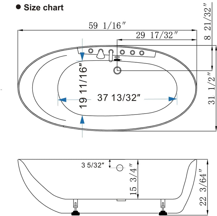 Technical bathtub size chart with top-down and side-view diagrams showing precise measurements in inches and fractions.