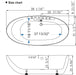 Technical bathtub size chart with top-down and side-view diagrams showing precise measurements in inches and fractions.