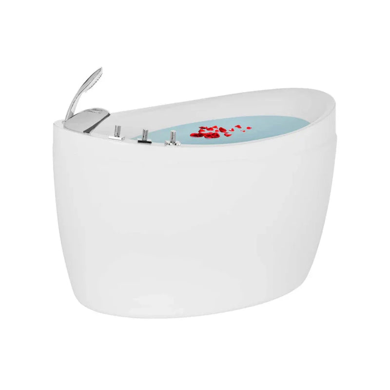 White bathtub with blue water and scattered red rose petals, chrome faucet and fixtures visible
