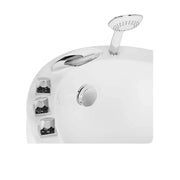 Modern white shower panel with overhead rainfall showerhead and side controls, sleek minimalist design with multiple water flow settings.